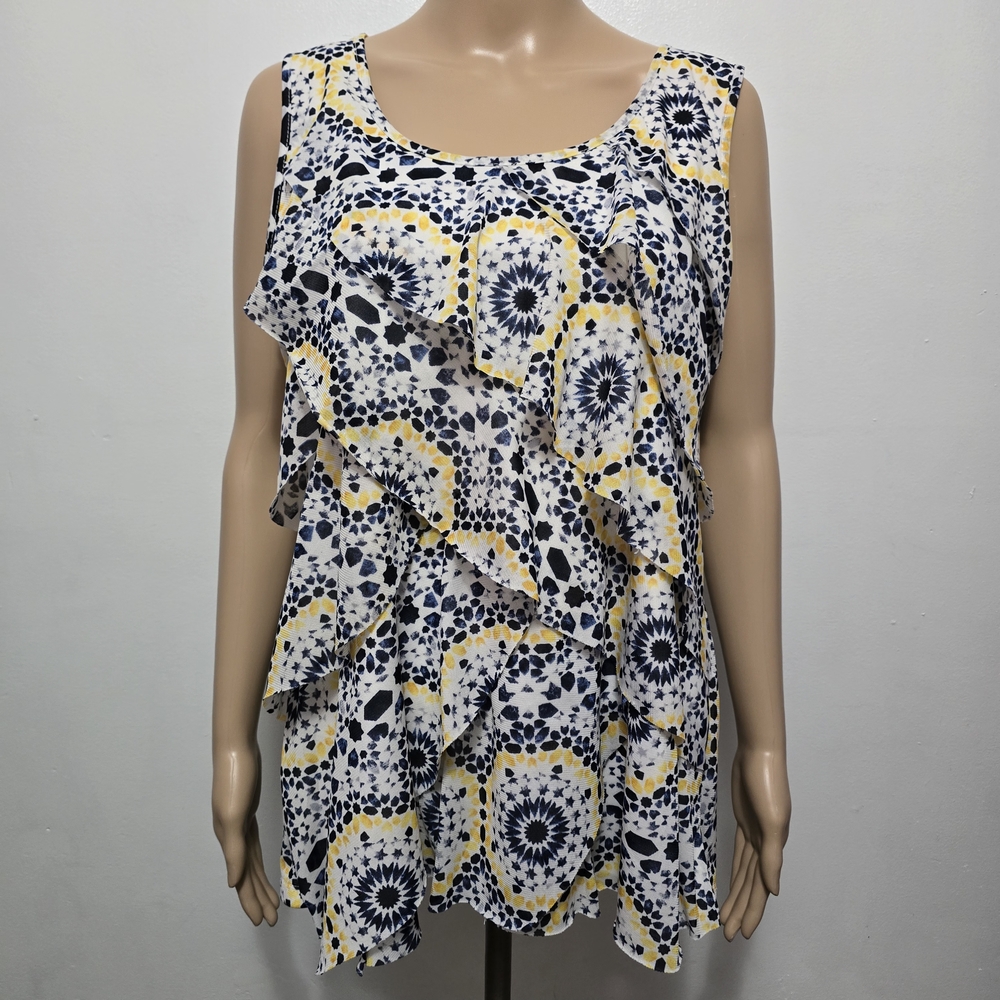 Roz & Ali Navy Yellow Abstract Ruffle Front Sleeveless Blouse – Size Large - Picture 2 of 8